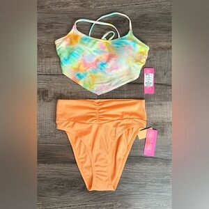 Women’s Tie-Dye Crop Swim Top & Orange High-Waist Bottom Set, Size Small